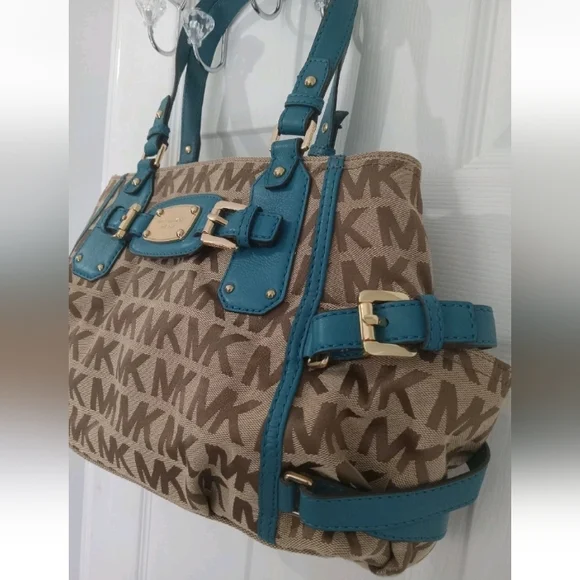 END 30-APR | MK Brown and Teal Signature Tote Bag - Picture 3 of 9